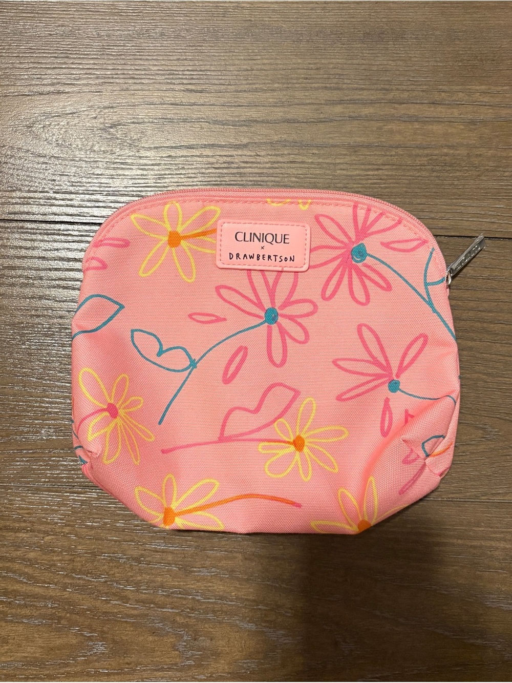 Clinique Pink Floral Kids Cosmetic Pouch with Yellow & Teal Accents